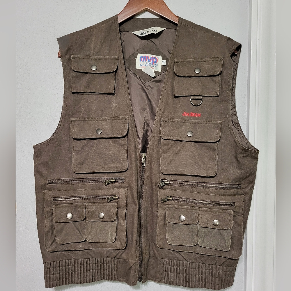 Vintage MVP Jim Beam Whiskey Brown Utility Hunting Vest Men's Size Large